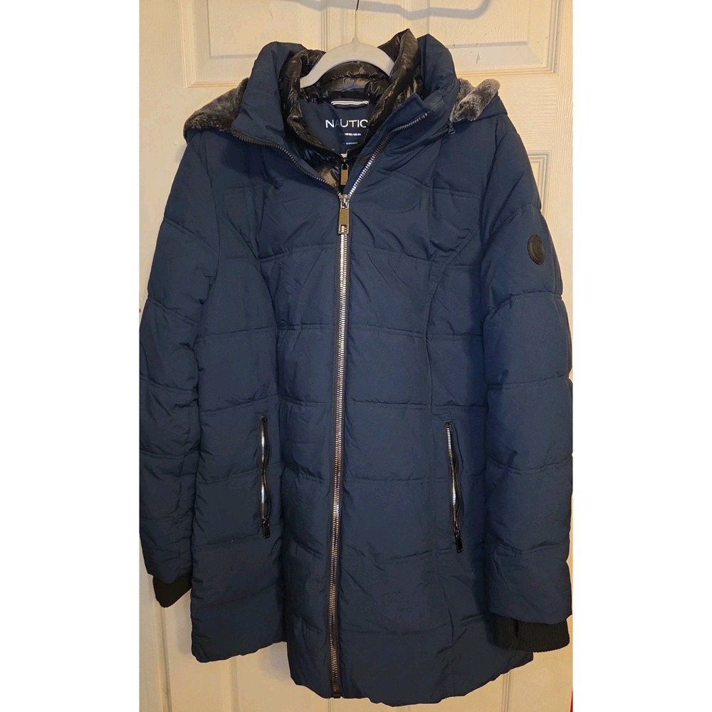 Nautica Women's XL Navy Blue Long Puffer Winter Coat Detachable Hood Water...